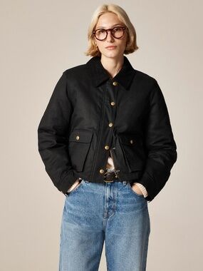 BNWT NEW J. Crew Women's Cropped Barn Jacket in Black ripstop cotton Sz MEDIUM